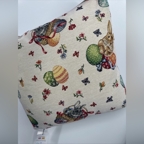 Caldeira Embroidered Bunny Tapestry Throw Pillow Cushion Easter Eggs Down Fill - Picture 1 of 5